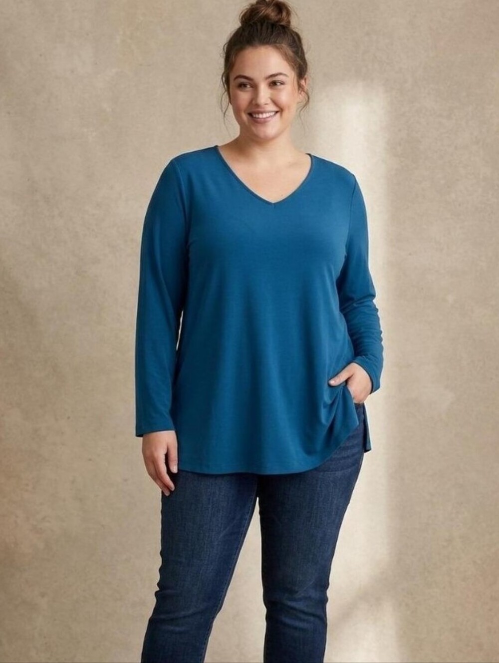 Susan Graver Deep Blue V-Neck Long Sleeve Top